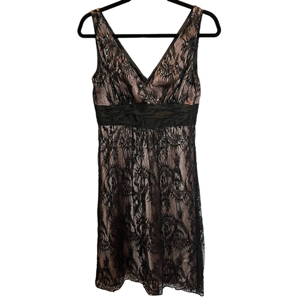 Jones New York Dress Midi Black Lace and Sequin Overlay Size 6 Sleeveless V neck